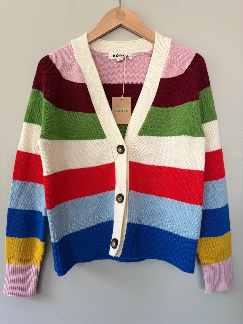 Boden Olivia Merino Wool Rainbow Striped Cardigan Wool Sweater Small NWT